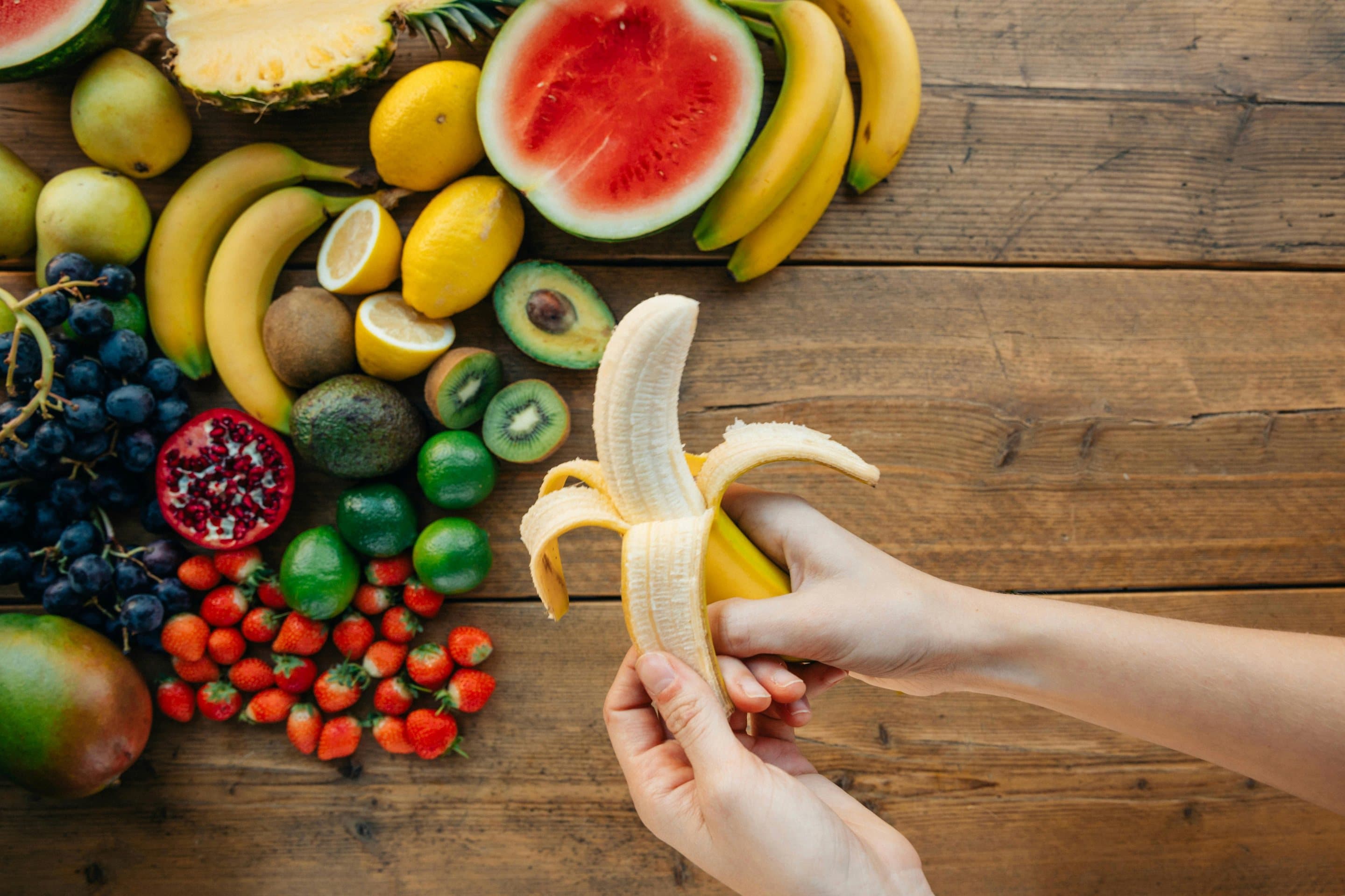 A banana and fresh tropical fruits
