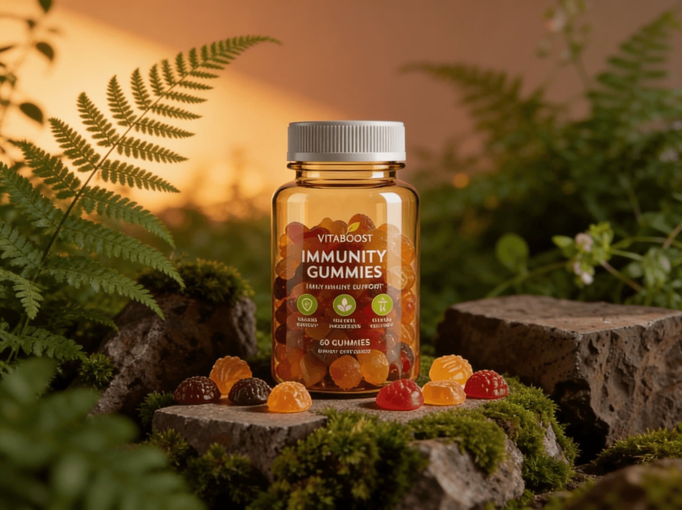 Jar of VitaBoost Immunity Gummies on a mossy rock among ferns