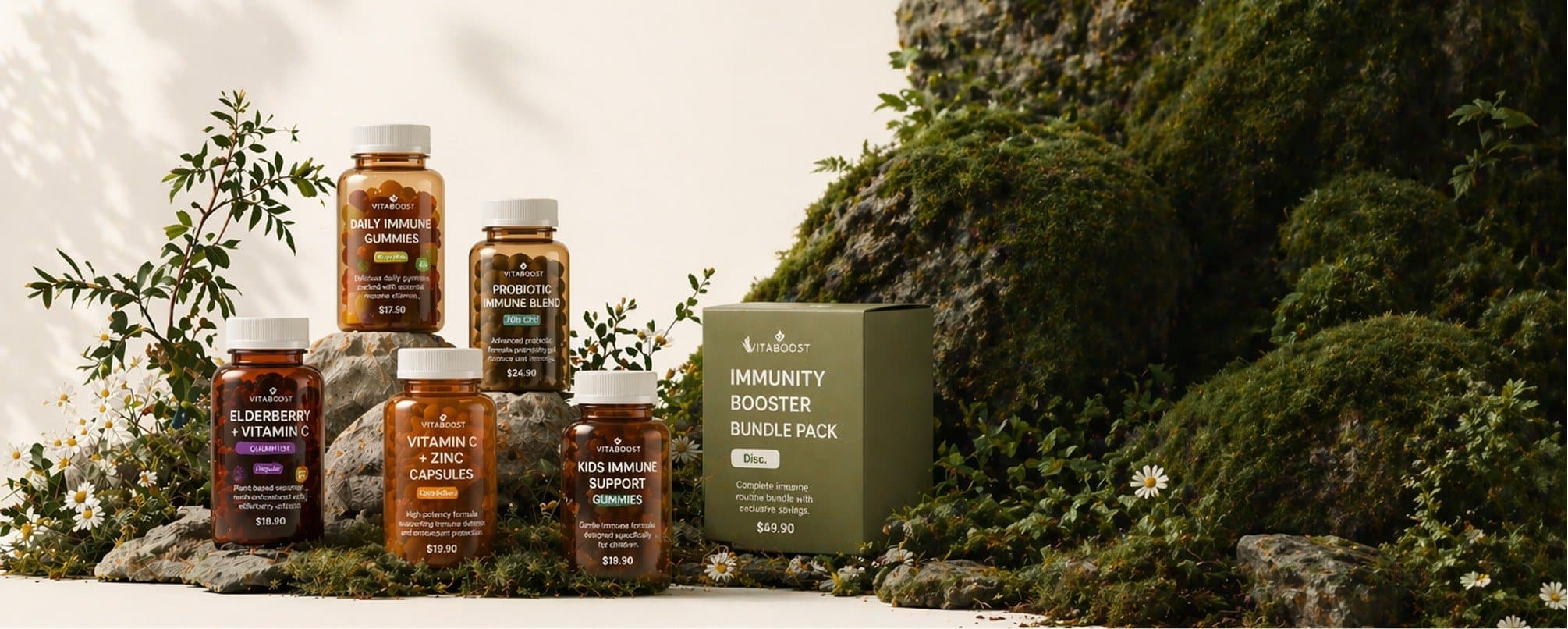 VitaBoost bottles and the Immunity Booster bundle pack among moss and wildflowers