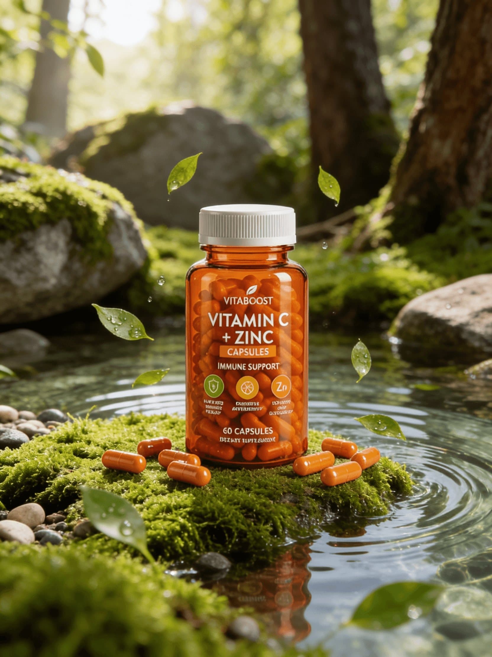 VitaBoost Vitamin C + Zinc bottle on mossy rocks by a stream