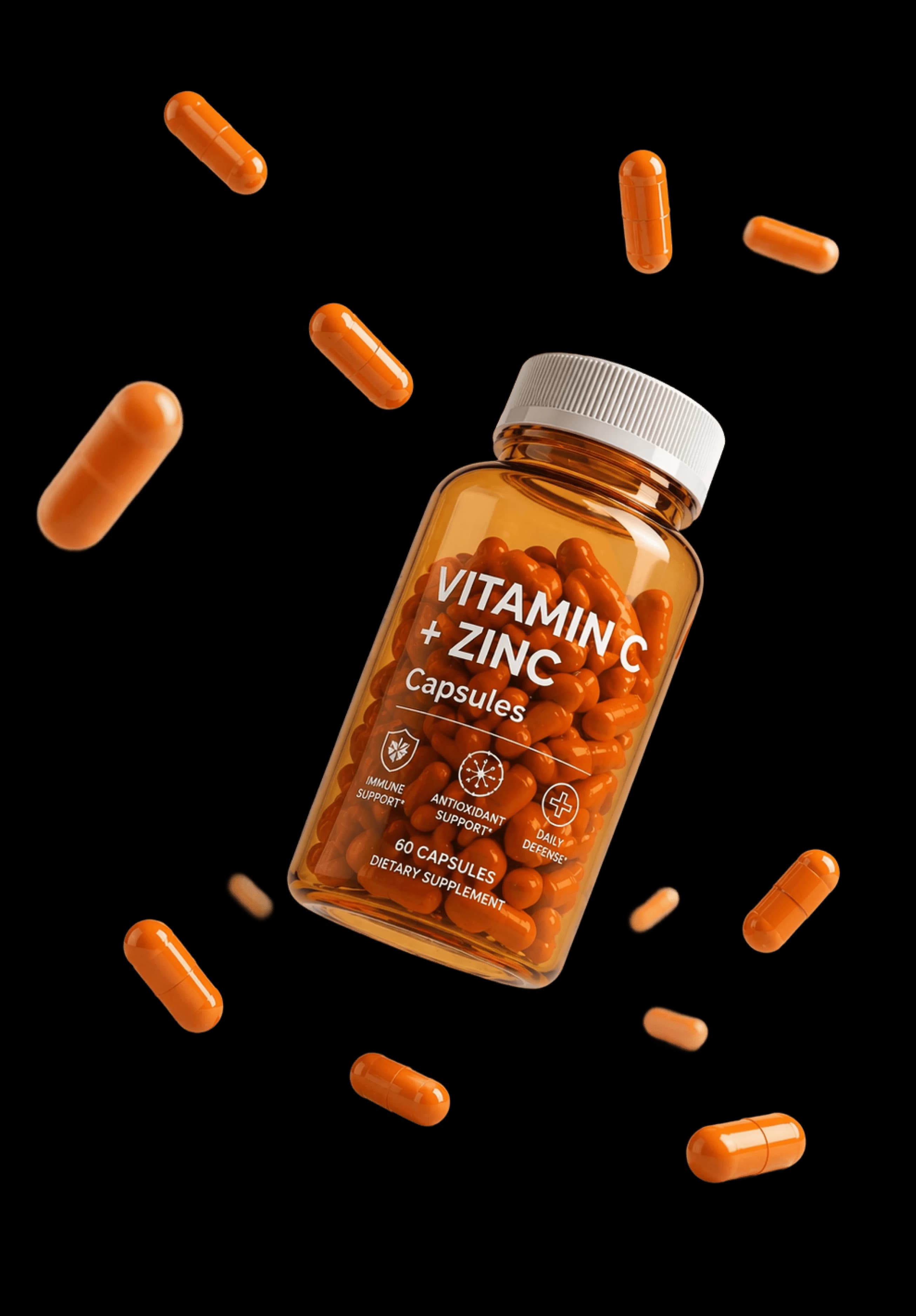 Tilted jar of VitaBoost Vitamin C + Zinc with capsules floating around it