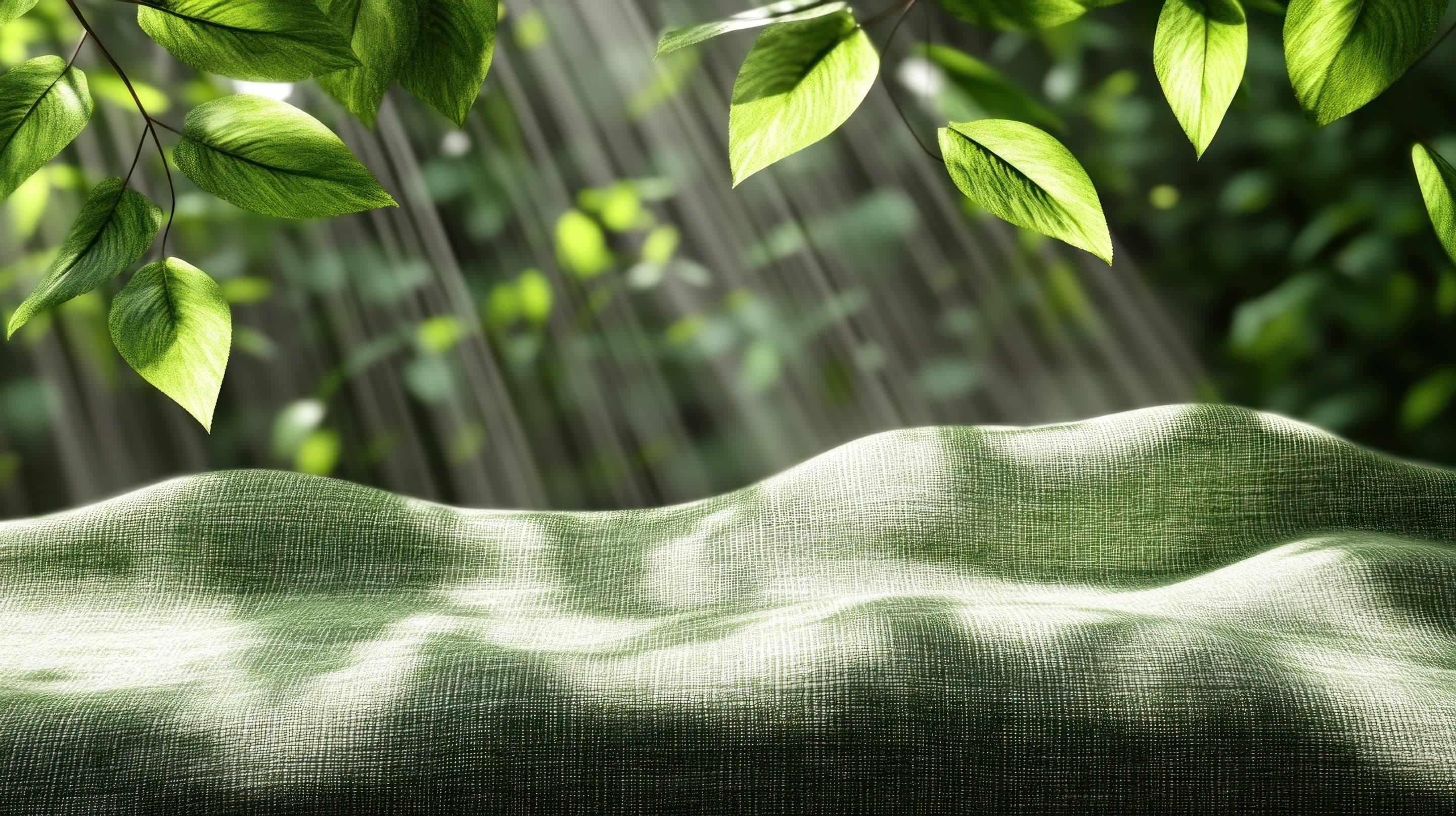 Green leaves in soft rays of light above a moss-covered ground